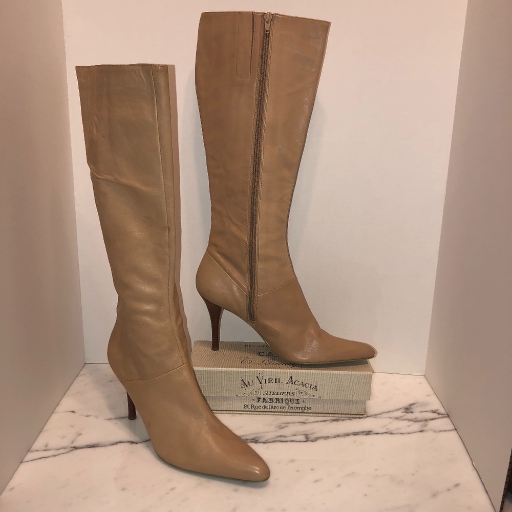 Nine West tall knee-high heels leather boots tan 9
